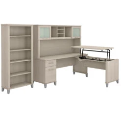 Bush Furniture Somerset 72W 3 Position Sit To Stand L Shaped Desk With Hutch And Bookcase In Sand Oak - SET017SO
