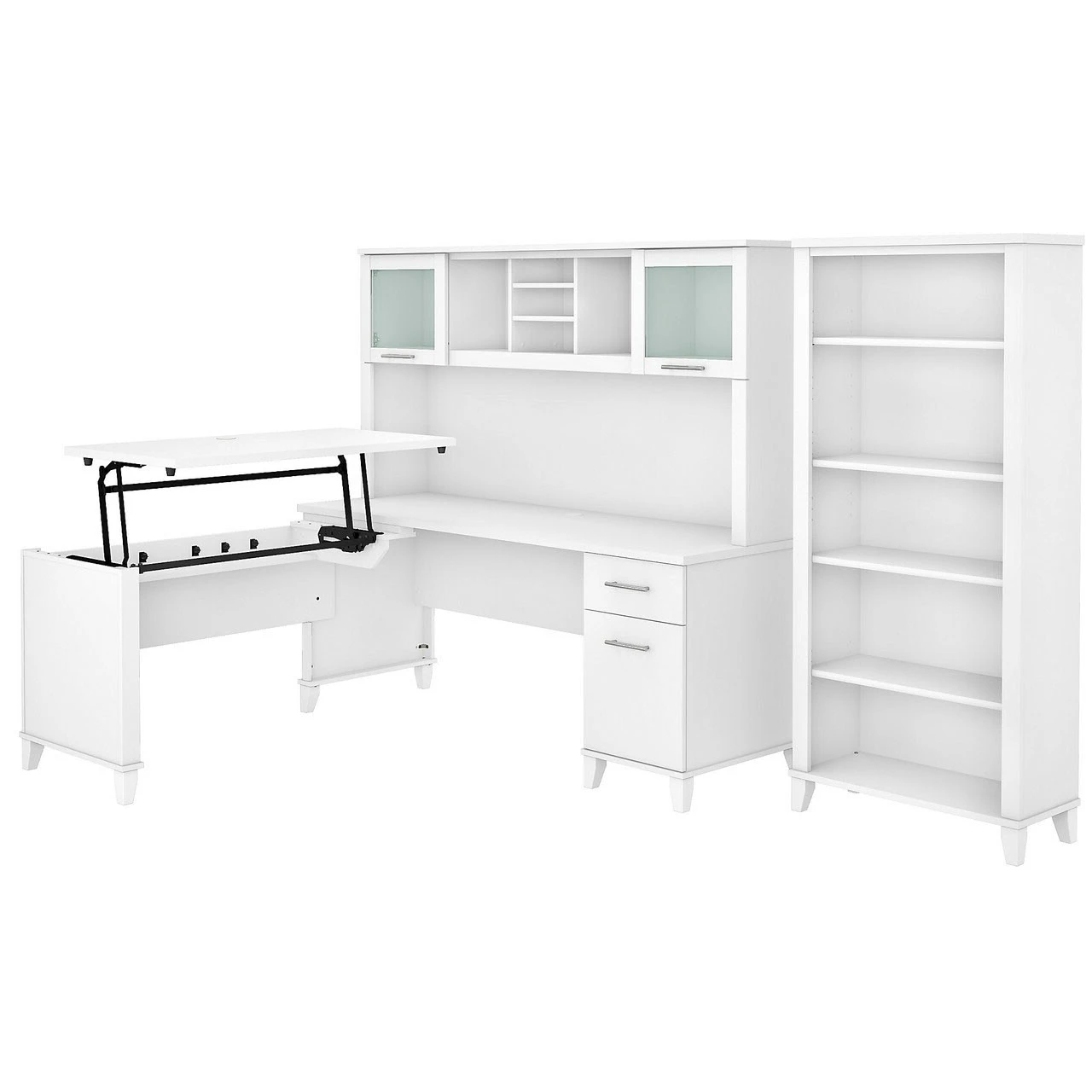Bush Furniture Somerset 72"W Sit-to-Stand 3-Position L-Shaped Desk With Bookcase And Hutch White - SET017WH - Image 2