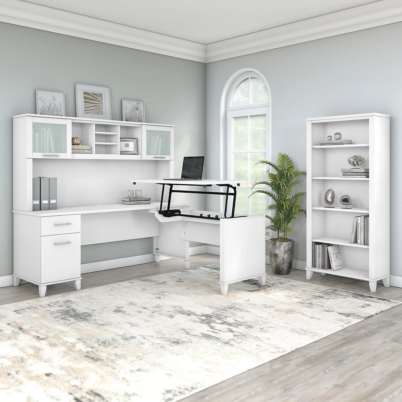 Bush Furniture Somerset 72"W Sit-to-Stand 3-Position L-Shaped Desk With Bookcase And Hutch White - SET017WH - Image 3