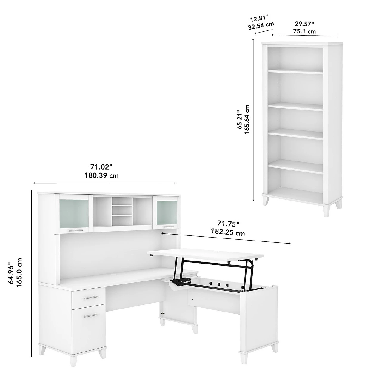 Bush Furniture Somerset 72"W Sit-to-Stand 3-Position L-Shaped Desk With Bookcase And Hutch White - SET017WH - Image 5