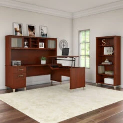 Bush Furniture Somerset 72"W Sit-to-Stand 3-Position L-Shaped Desk With Bookcase And Hutch Hansen Cherry - SET017HC