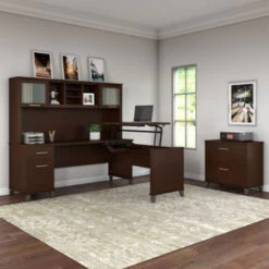 Bush Furniture Somerset 72"W Sit-to-Stand 3-Position L-Shaped Desk With Bookcase And Hutch Mocha Cherry - SET017MR