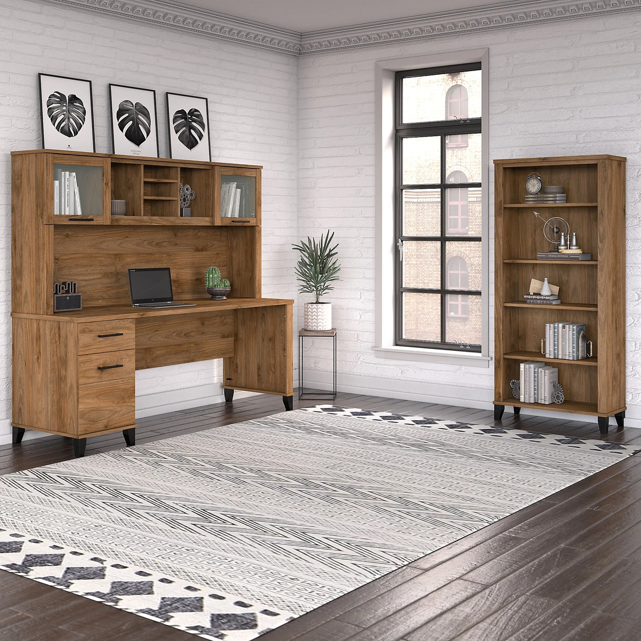 Bush Furniture Somerset 72W Office Desk With Hutch And 5 Shelf Bookcase Fresh Walnut - SET020FW - Image 2