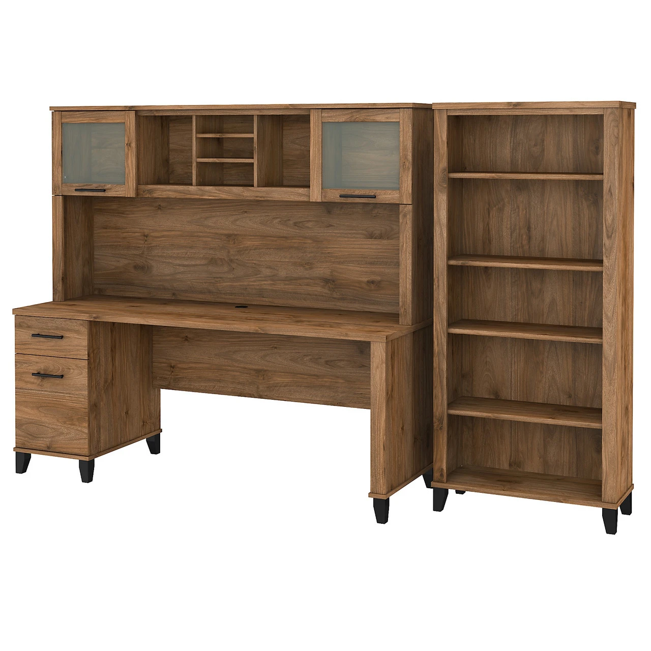 Bush Furniture Somerset 72W Office Desk With Hutch And 5 Shelf Bookcase Fresh Walnut - SET020FW