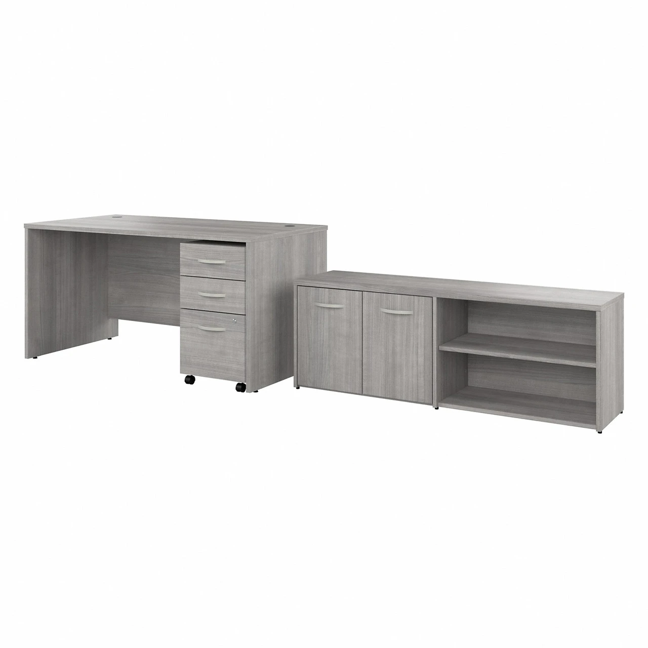 Bush Furniture Studio C 60"W Desk, 3 Drawer Mobile Ped And Low Stg Return Platinum Gray - STC042PGSU
