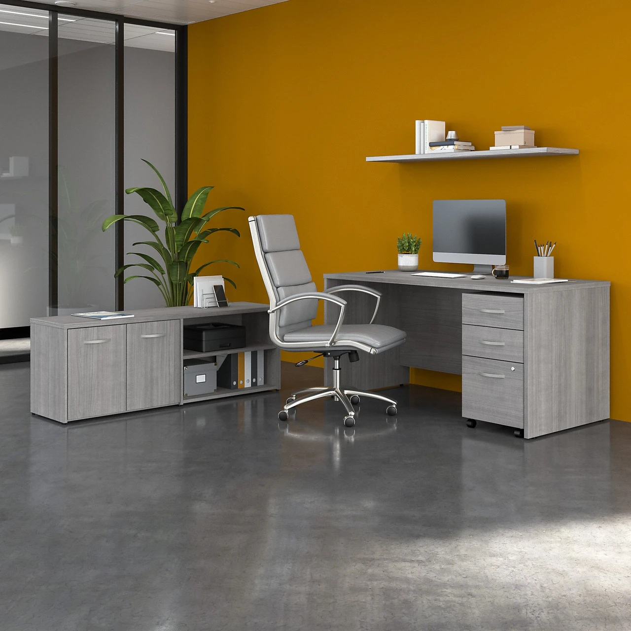 Bush Furniture Studio C 60"W Desk, 3 Drawer Mobile Ped And Low Stg Return Platinum Gray - STC042PGSU - Image 3