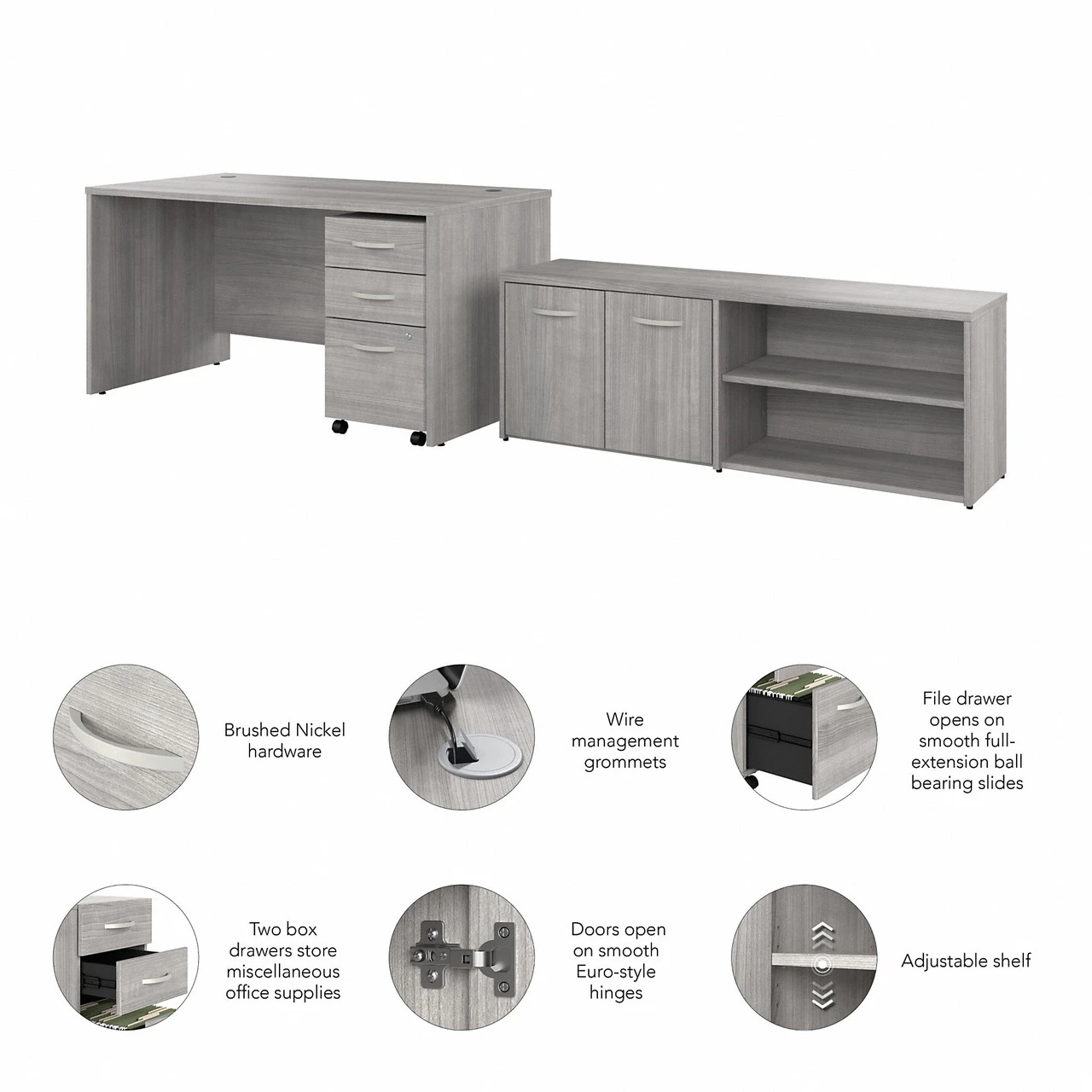 Bush Furniture Studio C 60"W Desk, 3 Drawer Mobile Ped And Low Stg Return Platinum Gray - STC042PGSU - Image 4