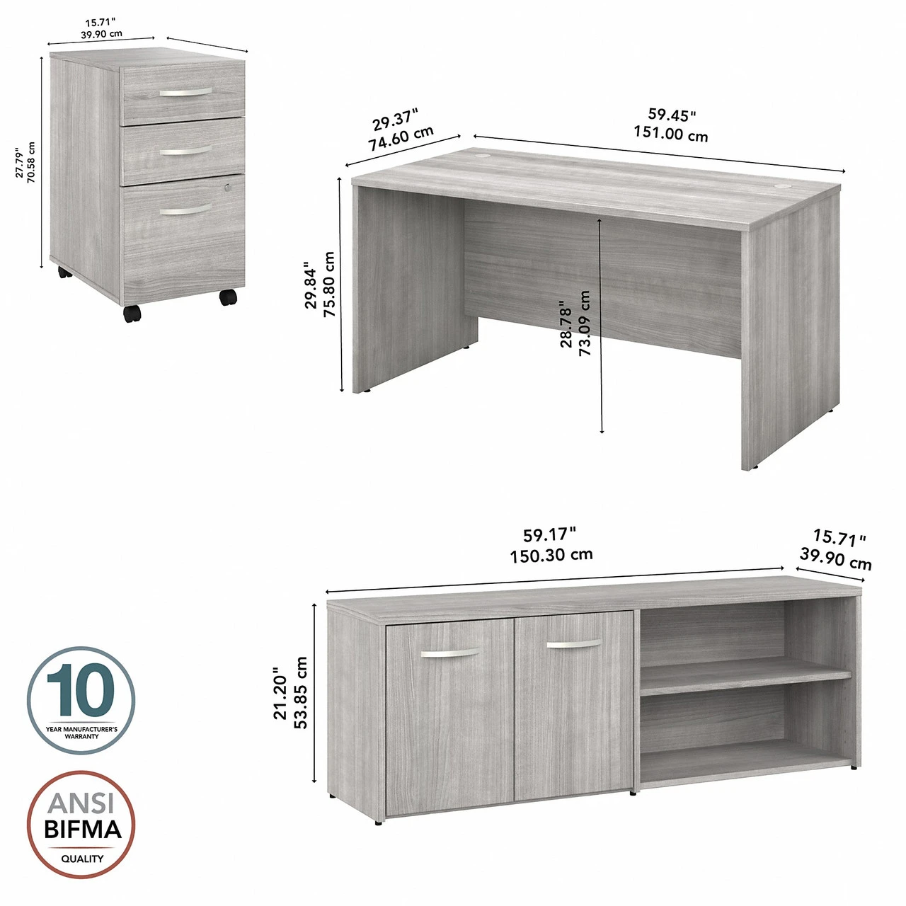 Bush Furniture Studio C 60"W Desk, 3 Drawer Mobile Ped And Low Stg Return Platinum Gray - STC042PGSU - Image 2
