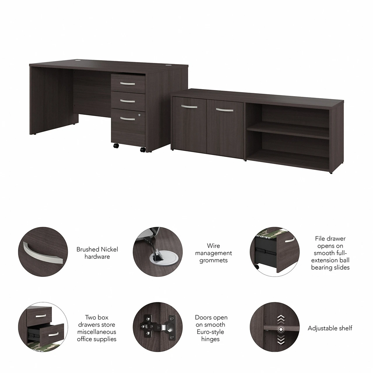 Bush Furniture Studio C 60"W Desk, 3 Drawer Mobile Ped And Low Storage Storm Gray - STC042SGSU - Image 4