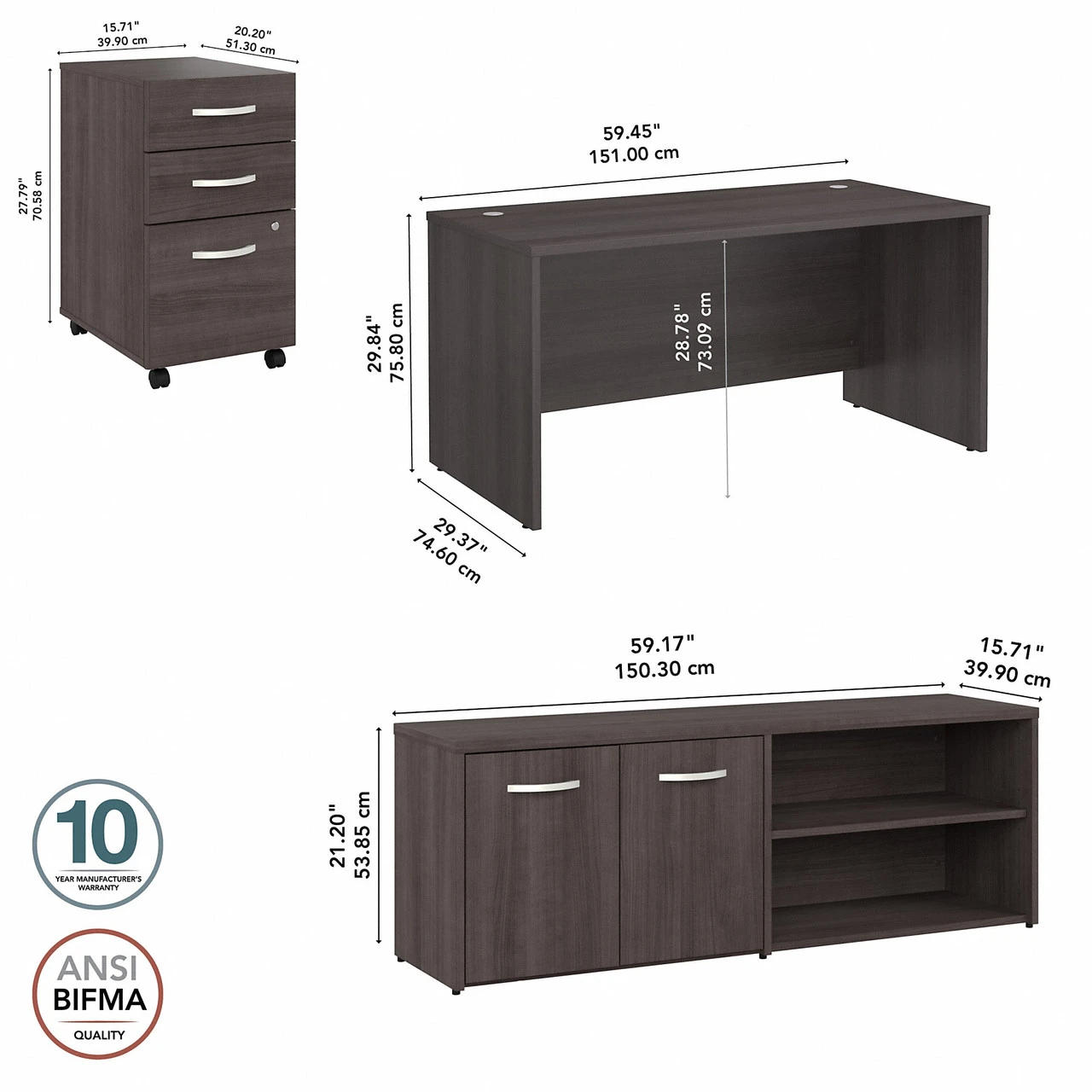 Bush Furniture Studio C 60"W Desk, 3 Drawer Mobile Ped And Low Storage Storm Gray - STC042SGSU - Image 2