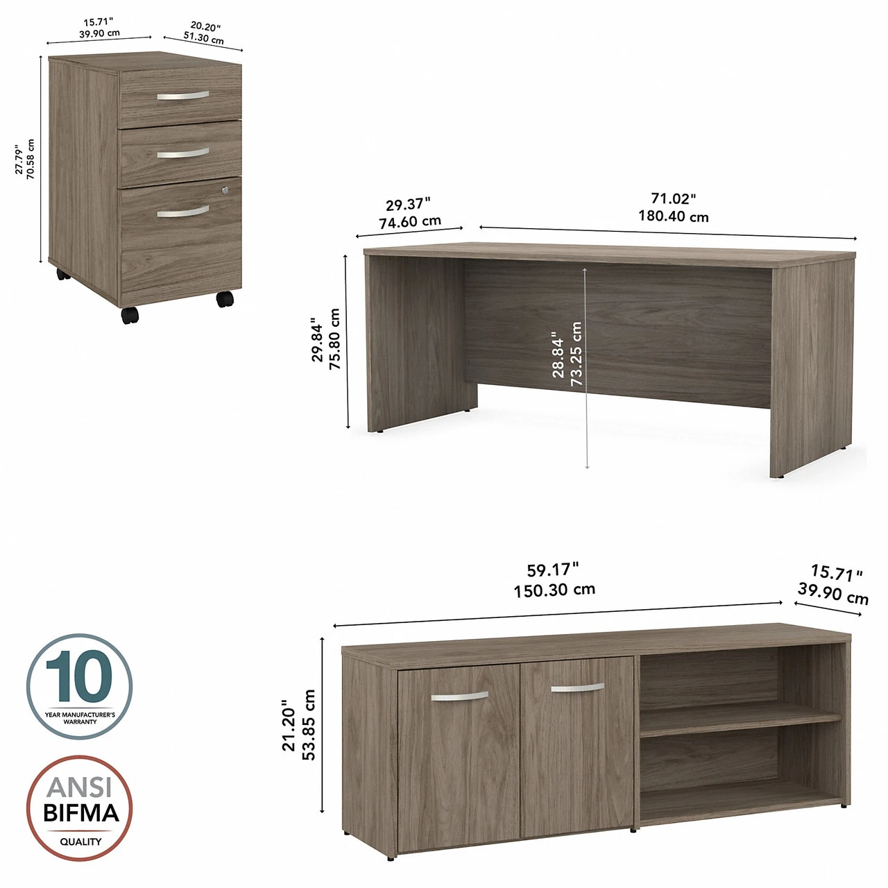 Bush Furniture Studio C 72"W Desk, 3 Drawer Mobile Ped And Low Storage Cabinet Modern Hickory - STC048MHSU - Image 2