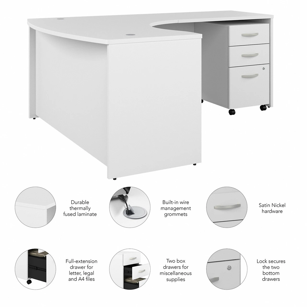 Bush Business Furniture Studio C 60W X 43D Right Hand L-Bow Desk With 3 Drawer Mobile File Cabinet In White - STC064WHSU - Image 4