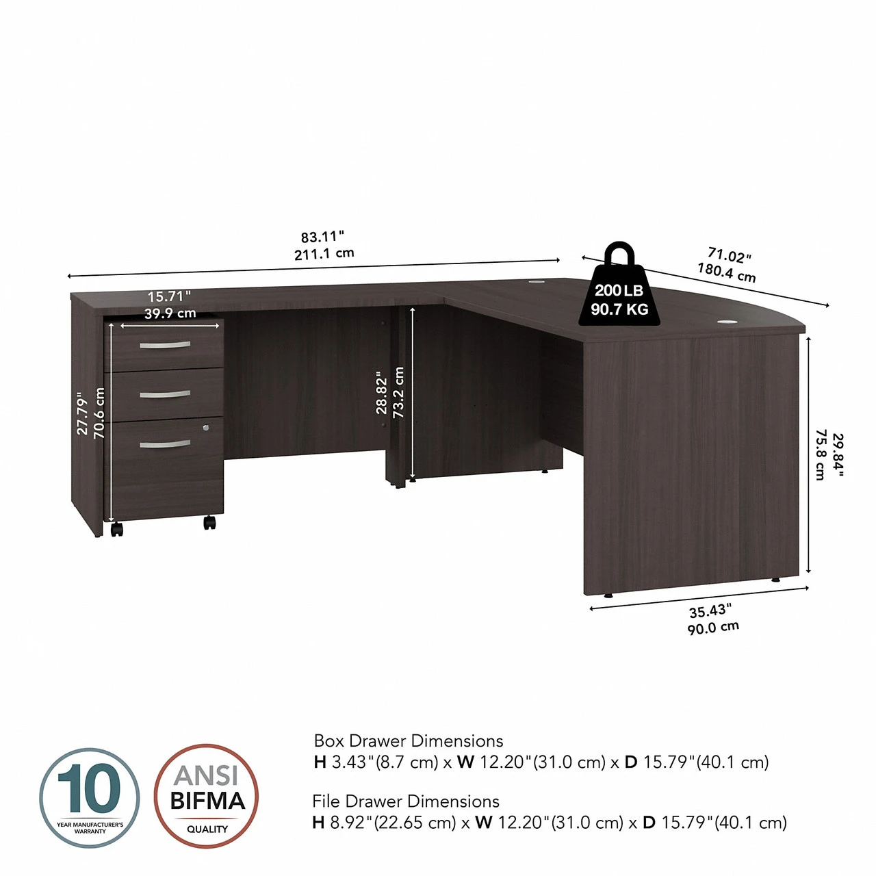 Bush Business Furniture Studio C 72W L-Shaped Bow Front Desk With 3 Drawer Mobile File Cabinet In Storm Gray - STC067SGSU - Image 2