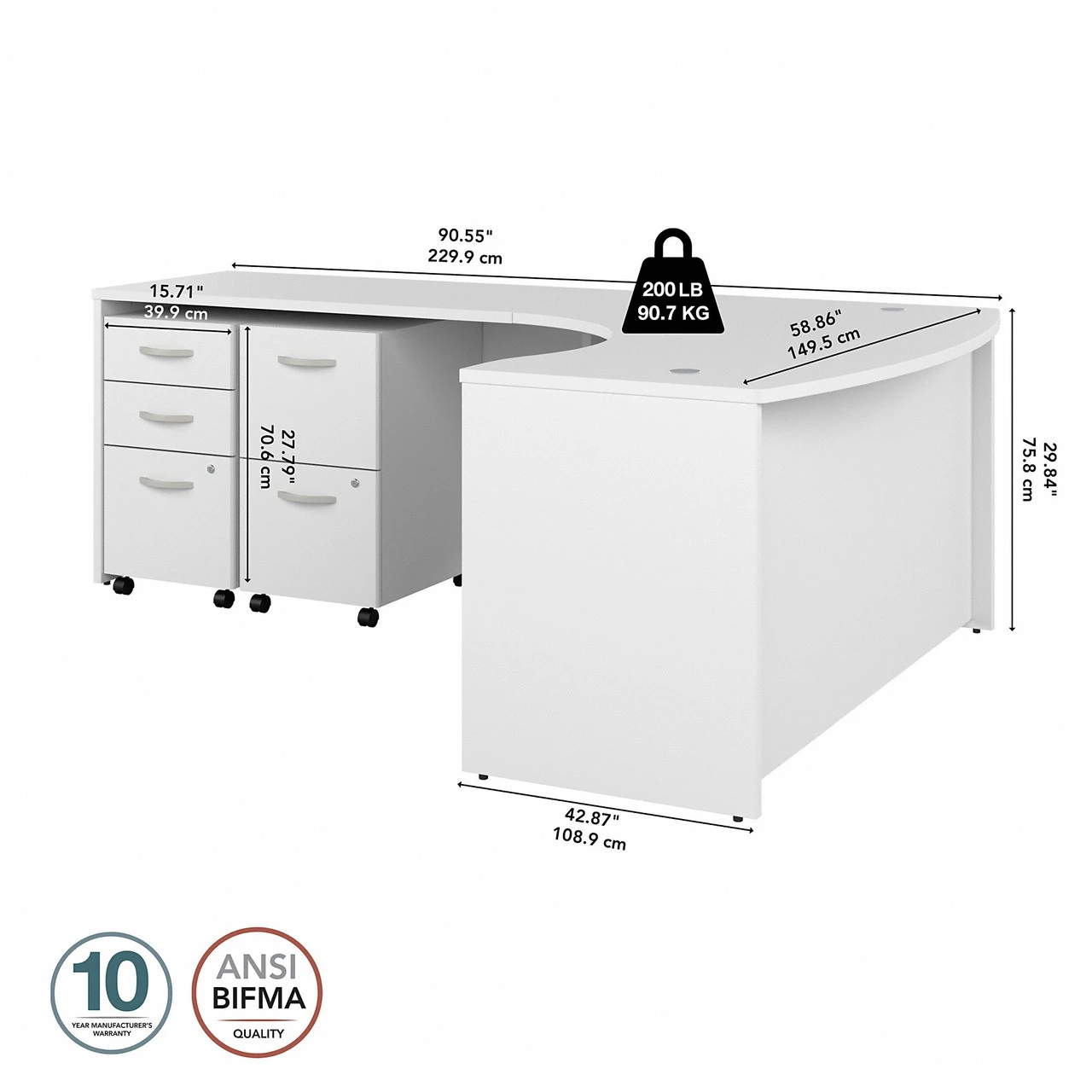 Bush Business Furniture Studio C 60W X 43D Left Hand L-Bow Desk With Mobile File Cabinets In White - STC075WHSU - Image 2