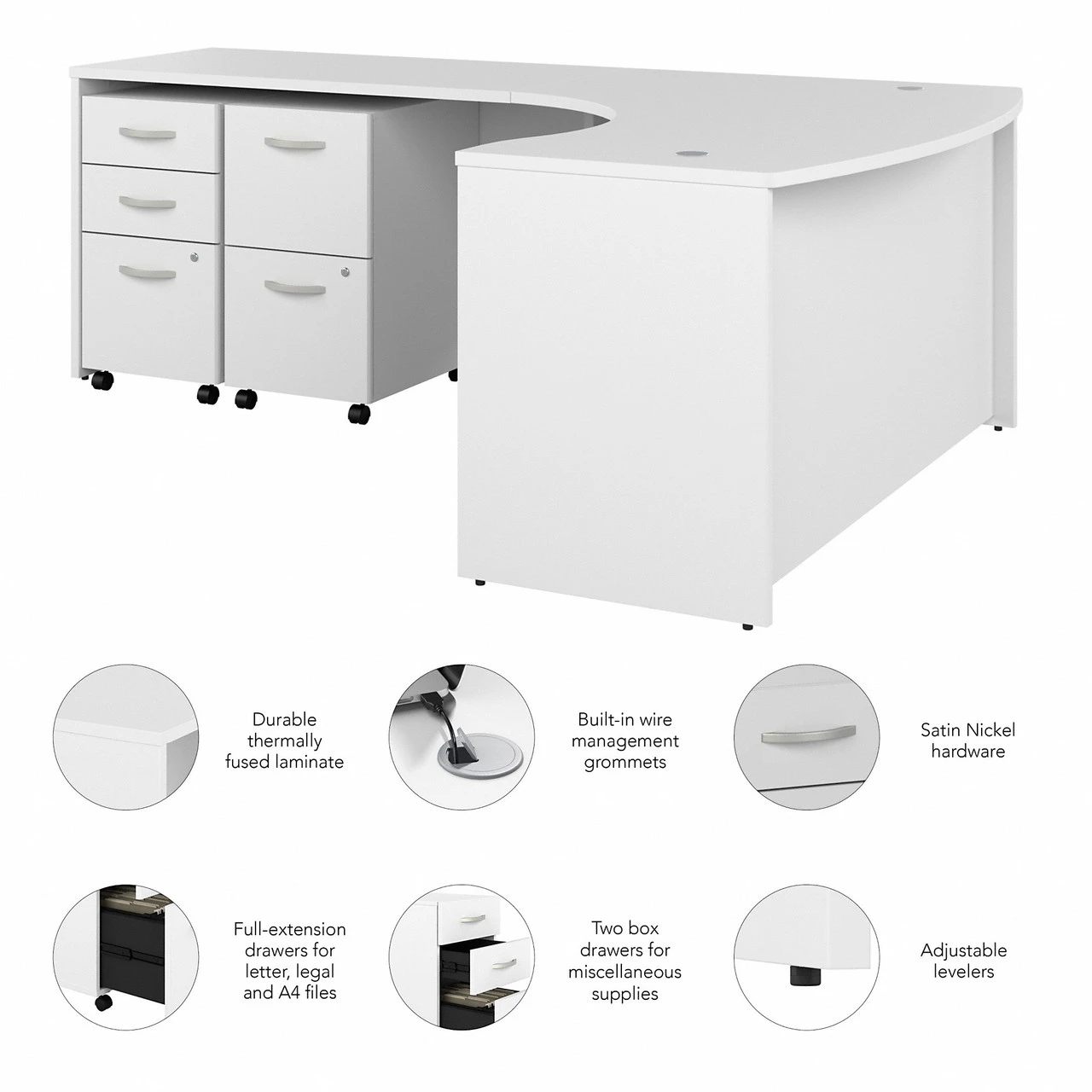 Bush Business Furniture Studio C 60W X 43D Left Hand L-Bow Desk With Mobile File Cabinets In White - STC075WHSU - Image 4