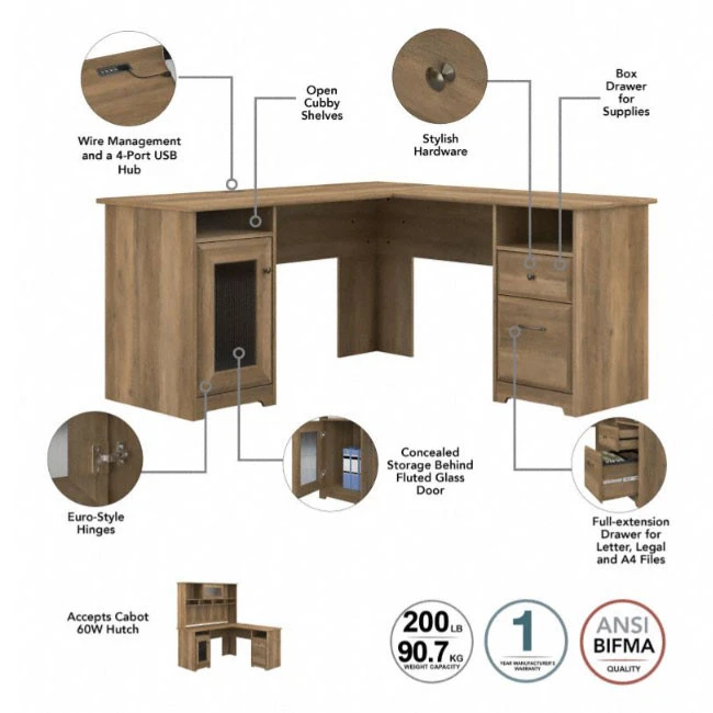 Bush Cabot Collection 60W L Shaped Computer Desk Reclaimed Pine - WC31530-03K - Image 4