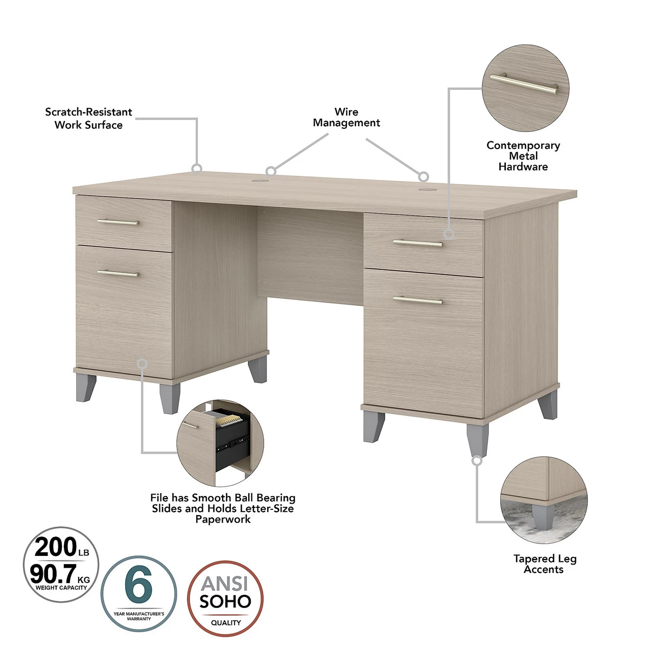 Bush Furniture Somerset 60W Office Desk With Drawers In Sand Oak - WC81128K - Image 4