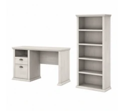 Bush Furniture Yorktown 50W Home Office Desk With 5 Shelf Bookcase In Linen White Oak - YRK010LW