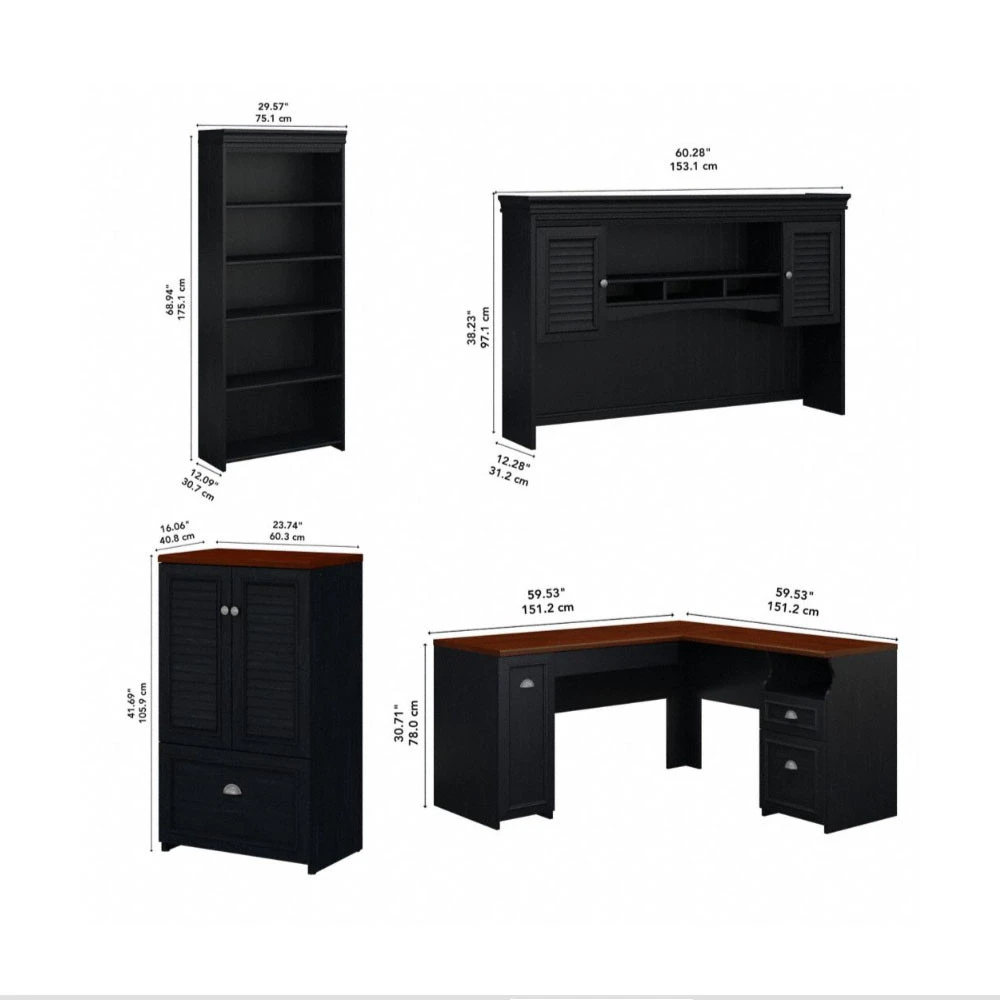 Bush Furniture Fairview 60W L Shaped Desk With Hutch, 5 Shelf Bookcase And Storage Antique Black - FV011AB - Image 2