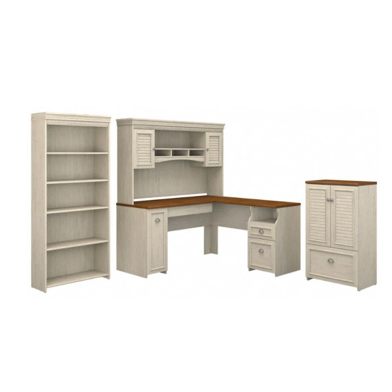 Bush Furniture Fairview 60W L Shaped Desk With Hutch, 5 Shelf Bookcase And Storage In Antique White - FV011AW