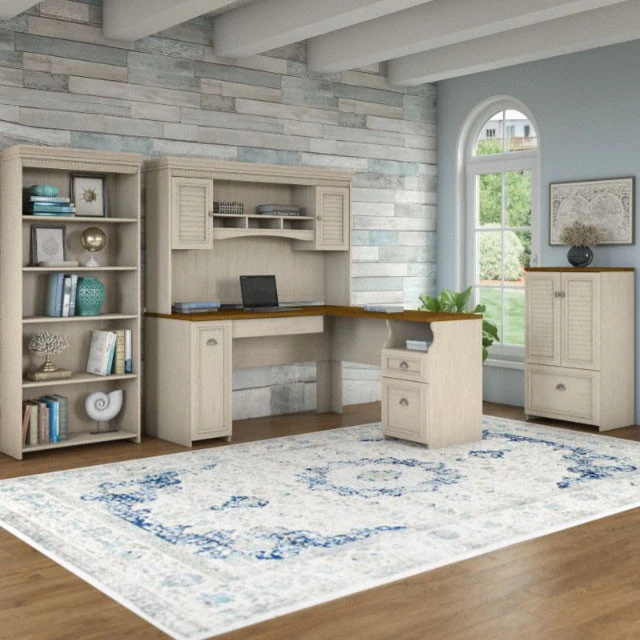 Bush Furniture Fairview 60W L Shaped Desk With Hutch, 5 Shelf Bookcase And Storage In Antique White - FV011AW - Image 2