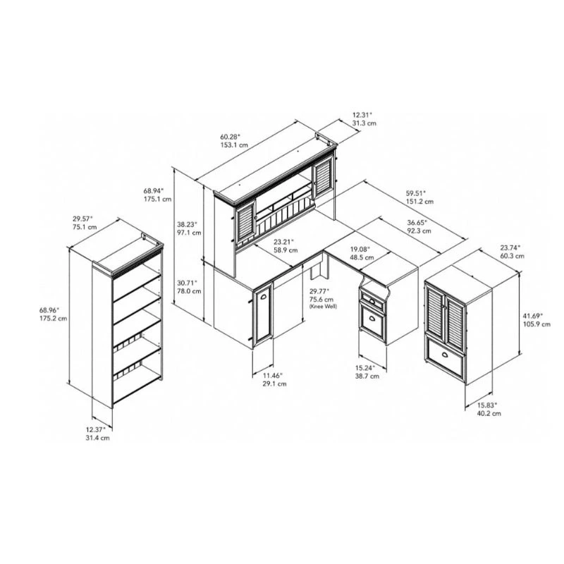 Bush Furniture Fairview 60W L Shaped Desk With Hutch, 5 Shelf Bookcase And Storage In Antique White - FV011AW - Image 3
