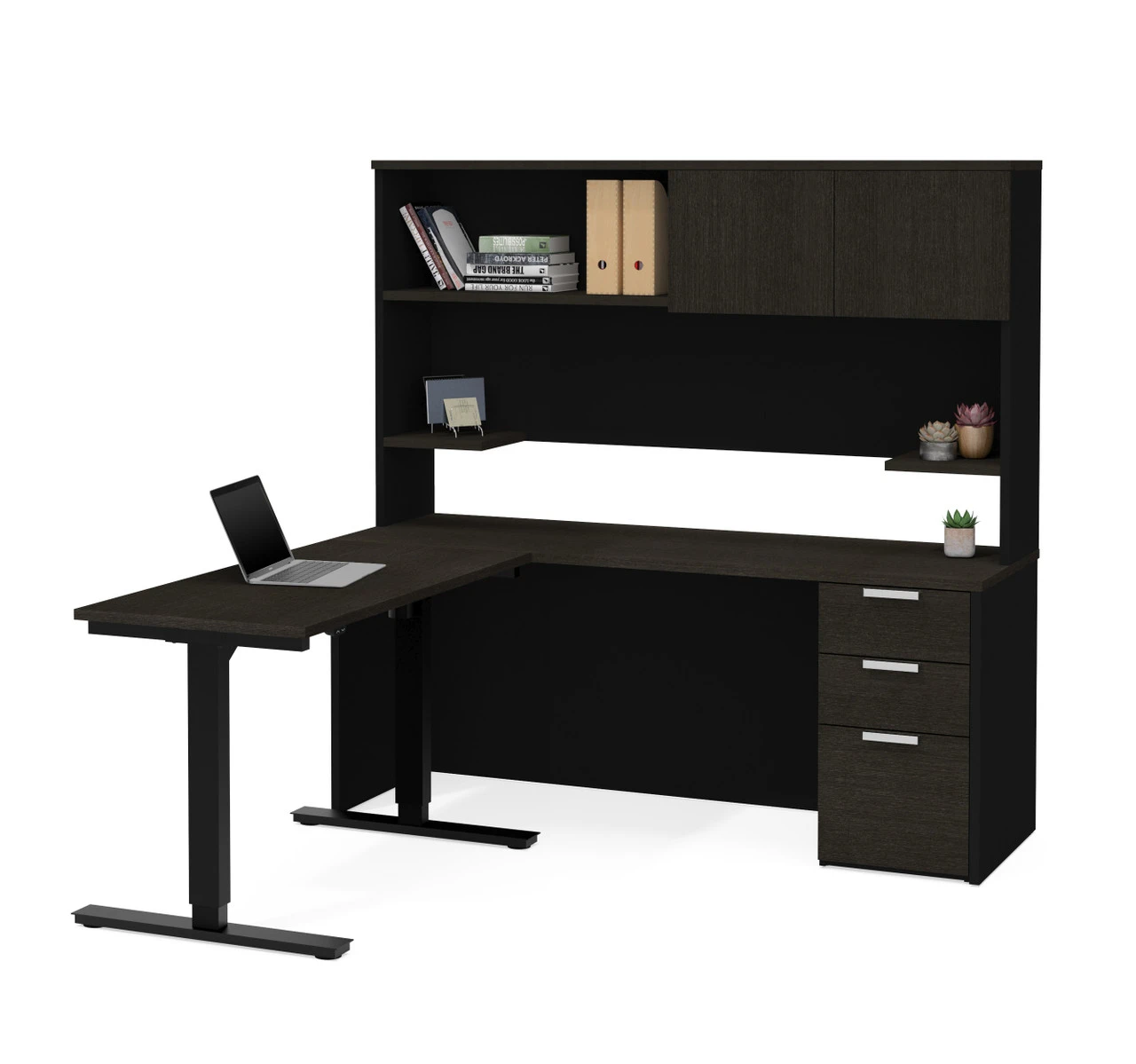 Bestar Pro-Concept Plus 72W L-Shaped Standing Desk With Pedestal And Hutch In Deep Grey & Black - 110896-32