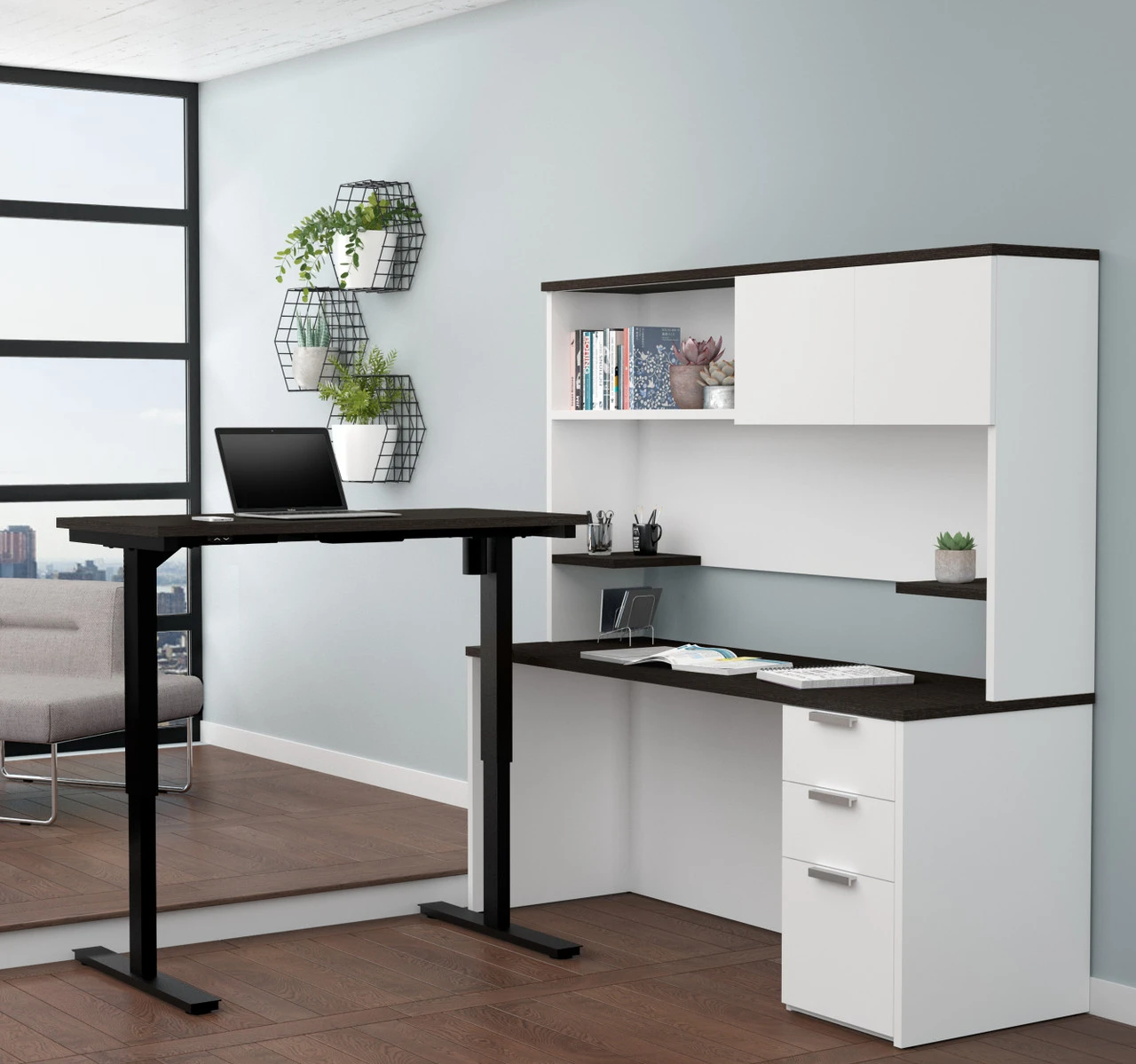 Bestar Pro-Concept Plus 72W L-Shaped Standing Desk With Pedestal And Hutch In White & Deep Grey - 110896-17 - Image 3