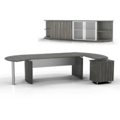 Mayline Medina Executive 72" Desk With Left Return, Right Desk Extension, Low-Wall Cabinet, Two Round Cabinet Shelves, Gray Steel - MNT10-LGS