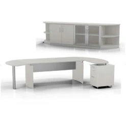 Mayline Medina Executive 72" Desk With Right Return, Left Desk Extension, Low-Wall Cabinet, Two Round Cabinet Shelves, Textured Sea Salt - MNT10-TSS