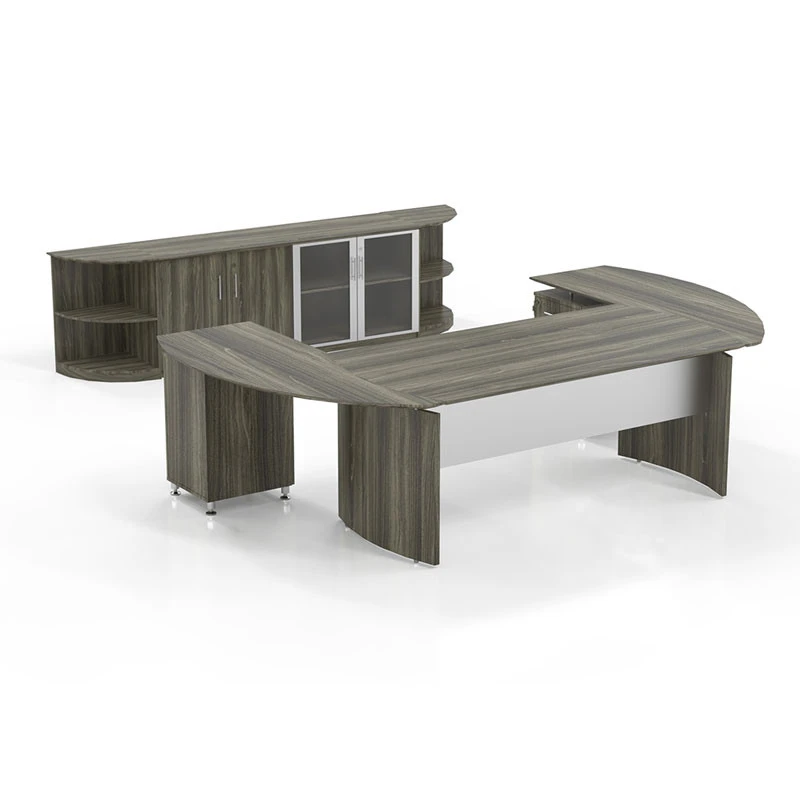 Mayline Medina Executive 72" Desk With Right Return, Left Return, Low-Wall Cabinet, Two Round Cabinet Shelves, Gray Steel - MNT13-LGS