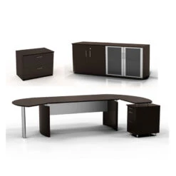 Mayline Medina Executive 72" Desk With Left Desk Extension, Right Return, Low-Wall Cabinet, Lateral File Cabinet, Mocha- MNT15-LDC