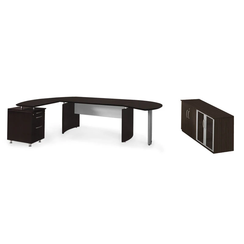 Mayline Medina Executive 72" Desk With Return On Left, Right Curved Desk Extension, And Low Wall Cabinet, Mocha - MNT8-LDC