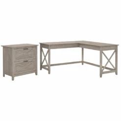 Bush Furniture Key West 60W L Shaped Desk With 2 Drawer Lateral File Cabinet - KWS014WG