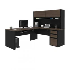 Bestar Connexion 72W L-Shaped Desk With Hutch And Pedestal In Antigua & Black - 93859-000052