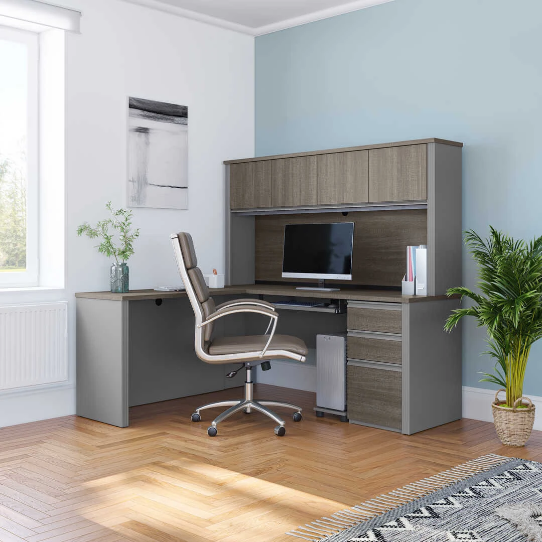 Bestar Prestige + 72W L-Shaped Desk With Pedestal And Hutch In Bark Grey & Slate - 99872-000047