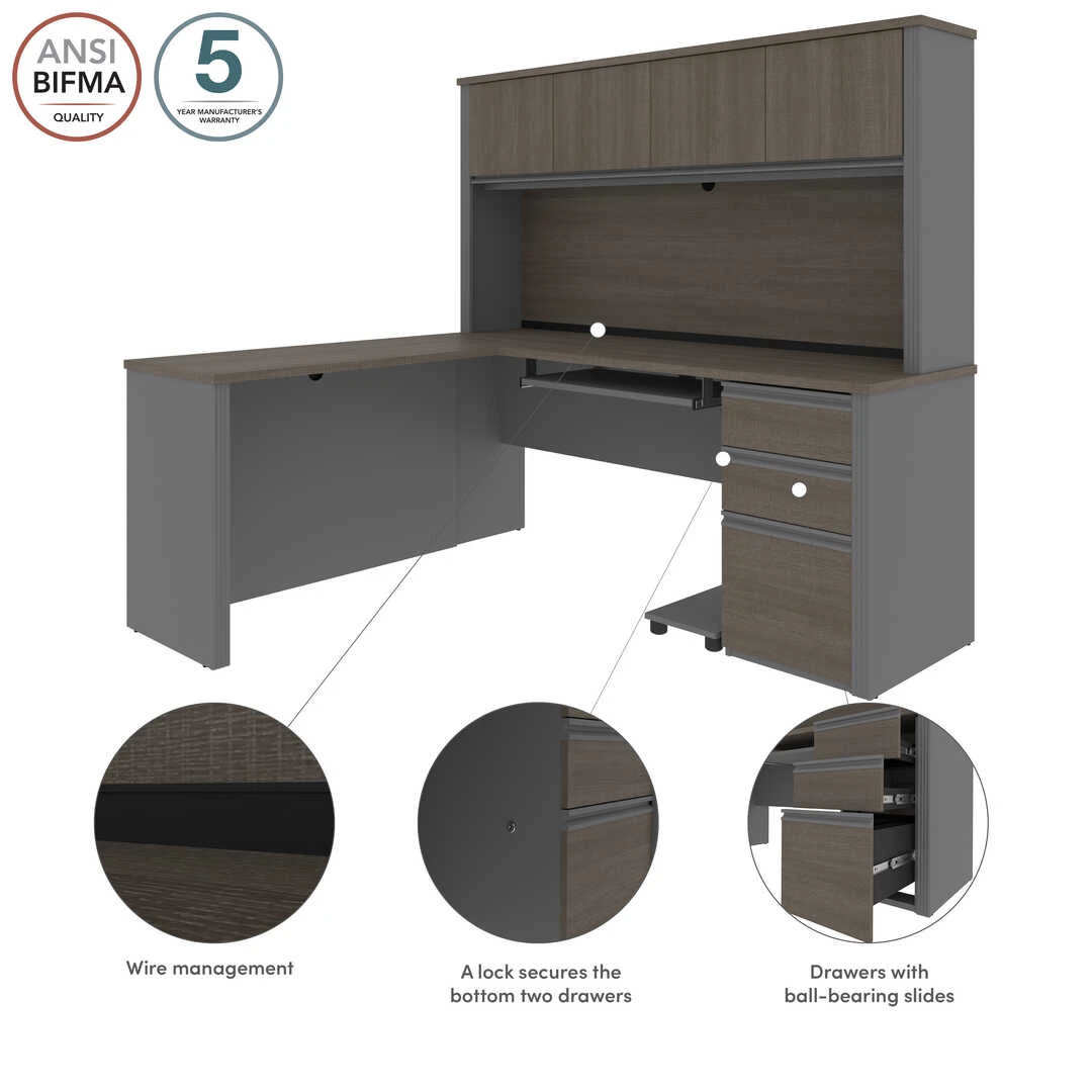 Bestar Prestige + 72W L-Shaped Desk With Pedestal And Hutch In Bark Grey & Slate - 99872-000047 - Image 12