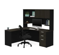 Bestar Pro-Concept Plus 72W L-Shaped Desk With Pedestal And Hutch In Deep Grey & Black - 110886-32