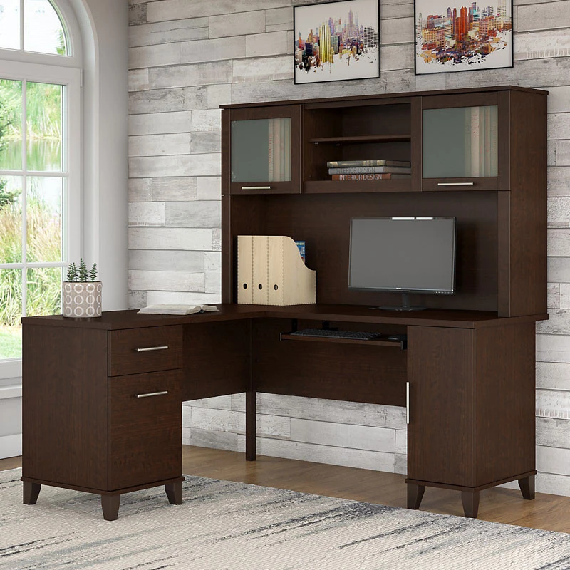 Bush Furniture Somerset 60W L-Shaped Desk W Hutch Mocha Cherry - SET002MR